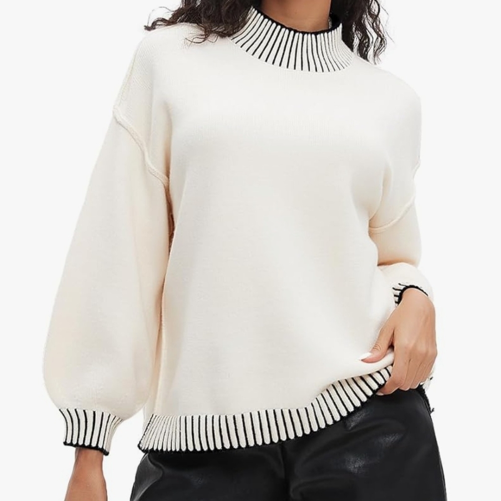 Women's Oversized Batwing Cream Sweater with Black Trim Mock Neck